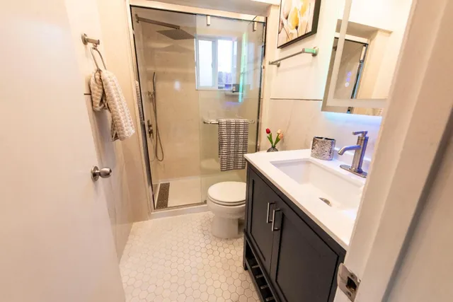 a bathroom with a sink a toilet a mirror and shower