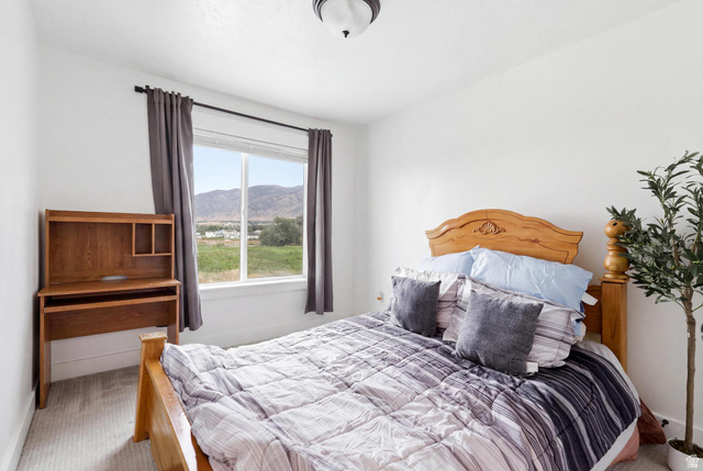 347 Ropelato Drive Logan, UT 84321 - Photo 24 of 46 Bedroom with white walls, light-colored carpet flooring, and a single window with a mountain backdrop