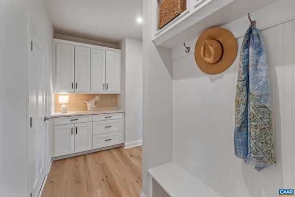 a view of cabinets and window