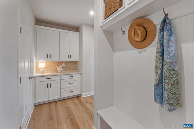 a view of cabinets and window