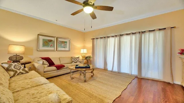 a living room with couches and painted walls with wooden floor