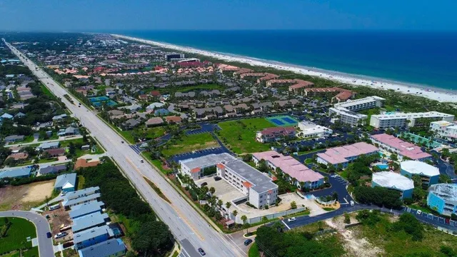 a city view with tall buildings