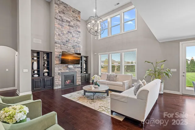 a living room with fireplace furniture and a flat screen tv