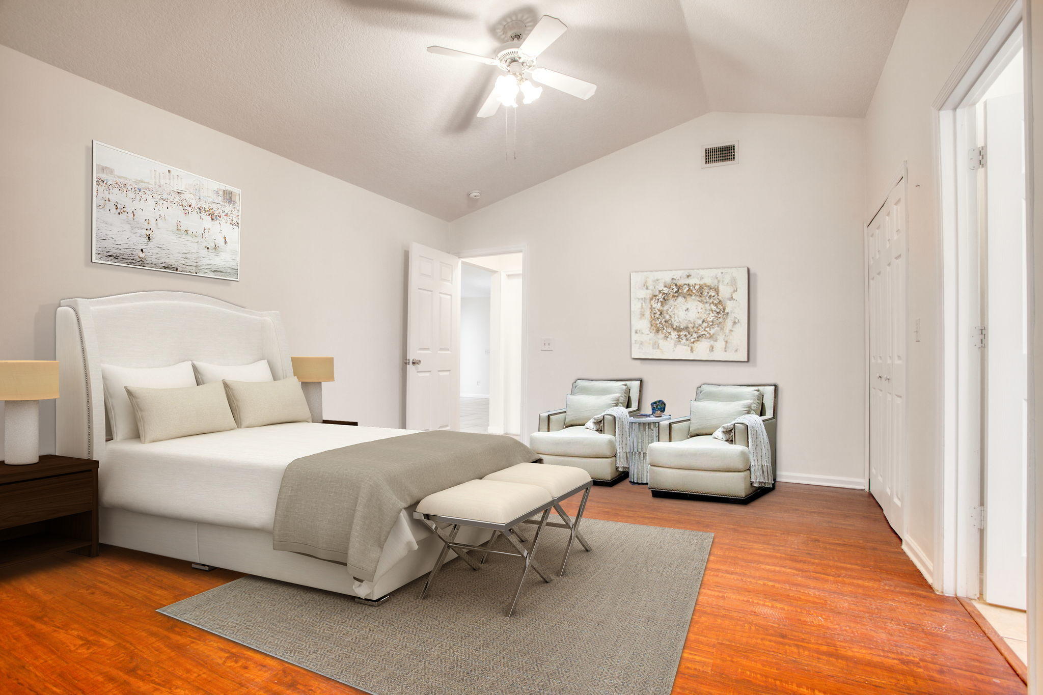4302 Southwest Jaunt Road Port St. Lucie, FL 34953 - Photo 25 of 32 a bedroom with a bed and a chandelier