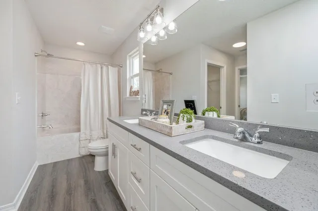 a bathroom with a double vanity sink mirror and toilet