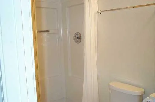 a bathroom with a shower and a toilet