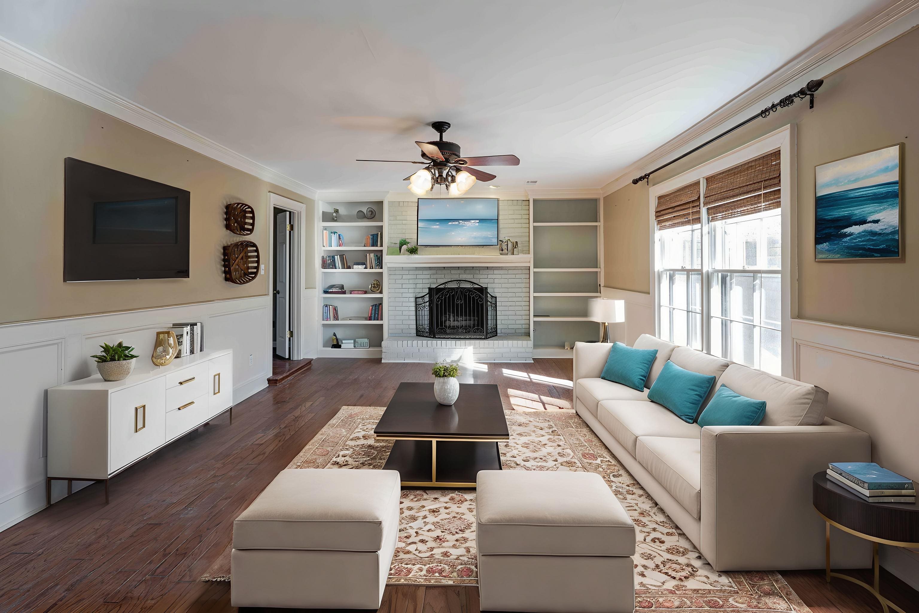 8883 Farmoor Road Germantown, TN 38139 - Photo 15 of 34 Living room featuring a wainscoted wall, a decorative wall, crown molding, a brick fireplace, and dark wood finished floors