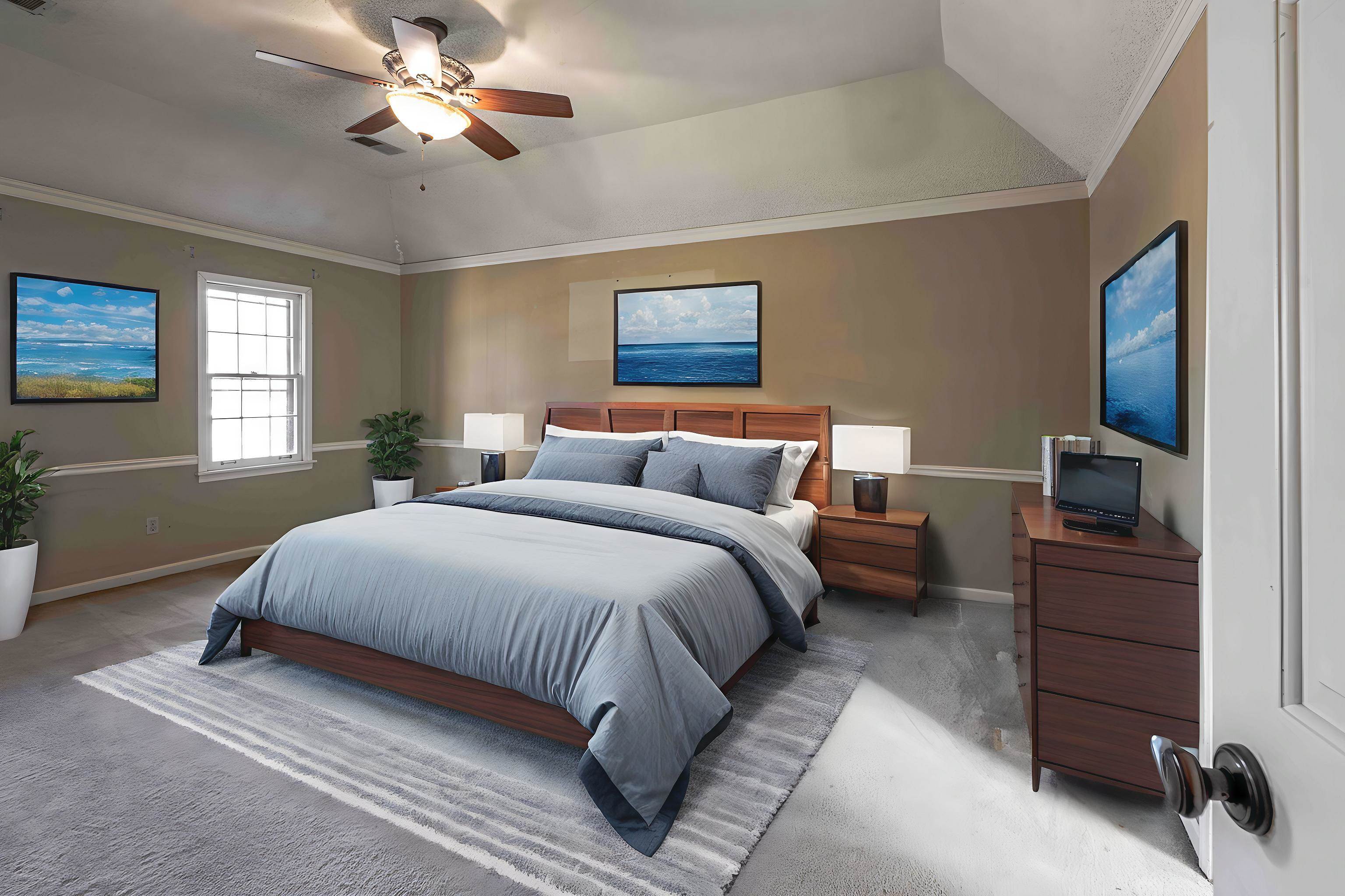 8883 Farmoor Road Germantown, TN 38139 - Photo 20 of 34 Carpeted bedroom featuring ornamental molding, vaulted ceiling, and a ceiling fan