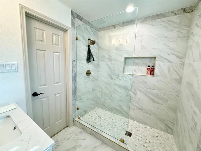 a bathroom with a shower and a sink