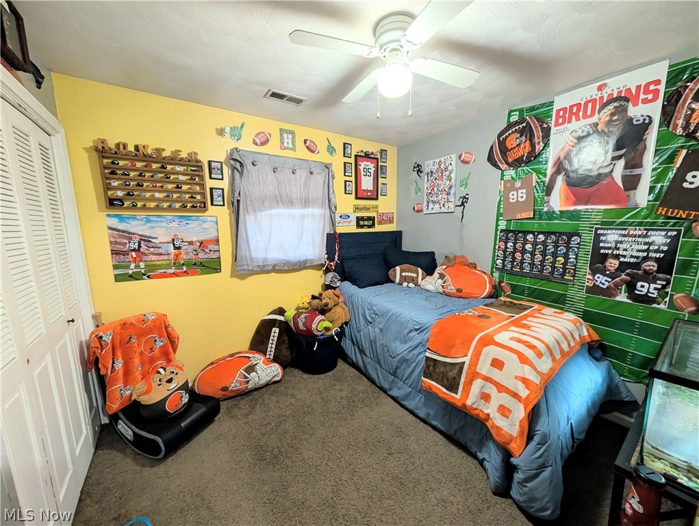 6700 McCaslin Road Nashport, OH 43830 - Photo 27 of 30 Carpeted room featuring a ceiling fan with integrated lighting, louvered bi-fold closet doors, and painted walls