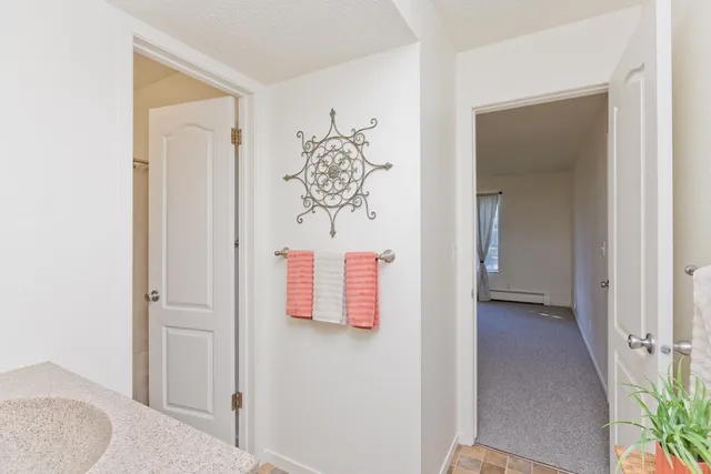 a bedroom with a bed and a painting on the wall