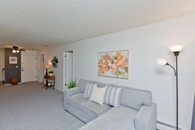 a living room with furniture and a gym machine