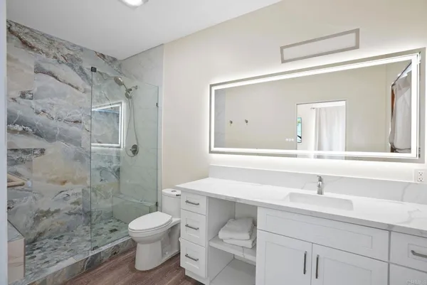 a bathroom with a sink toilet a mirror and shower