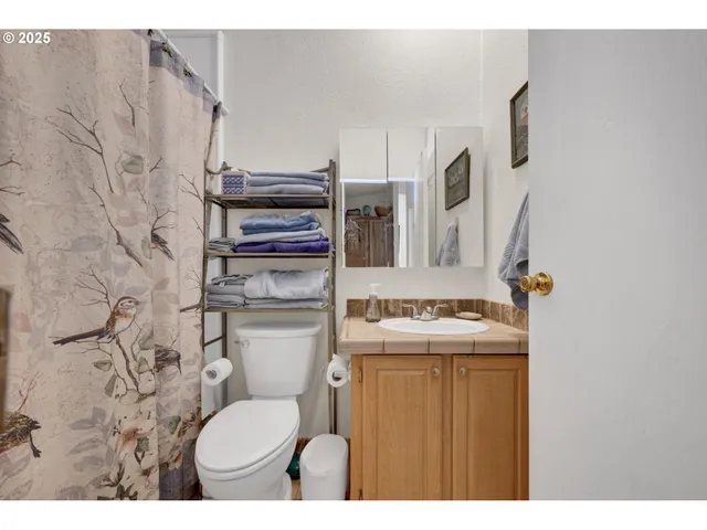 a bathroom with a granite countertop toilet sink and mirror