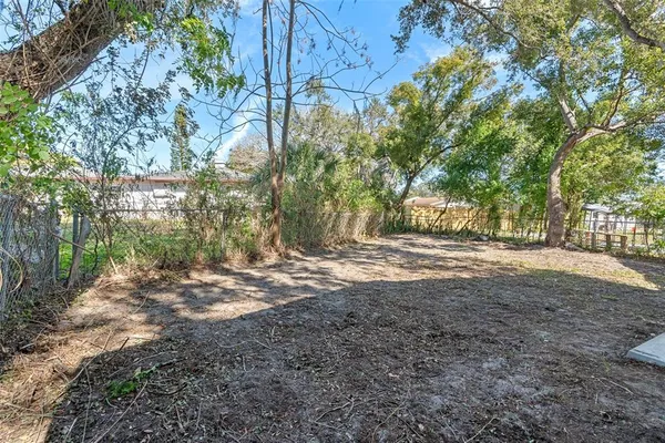 a view of dirt yard with a large tree