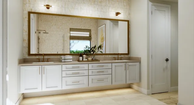 a bathroom with a double vanity sink and a mirror
