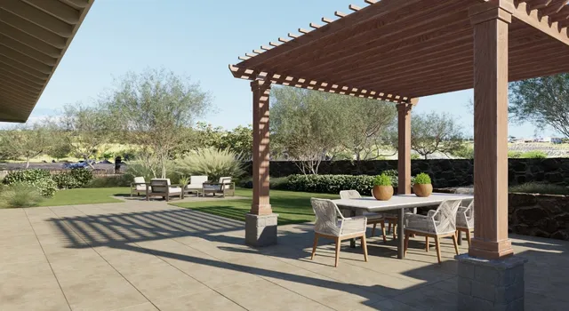 a view of a patio with a table chairs and a backyard