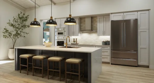 a kitchen with refrigerator and chairs