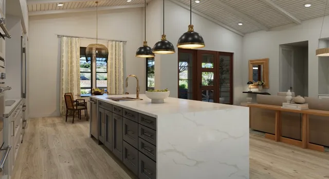 a large kitchen with kitchen island a sink stainless steel appliances and cabinets