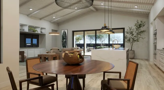a view of a dining room with furniture window and outside view