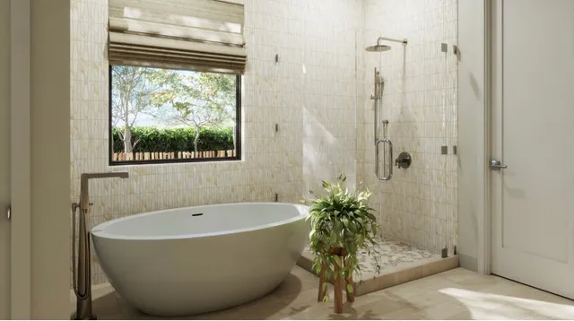 a white bath tub sitting next to a window