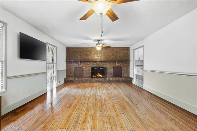 a living room with a fireplace