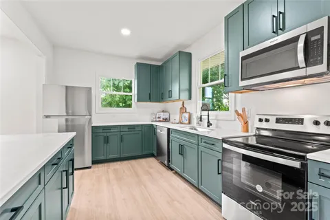 a kitchen with a sink stove and microwave