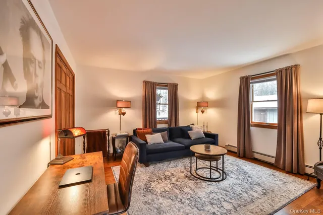 a living room with furniture a rug and a window