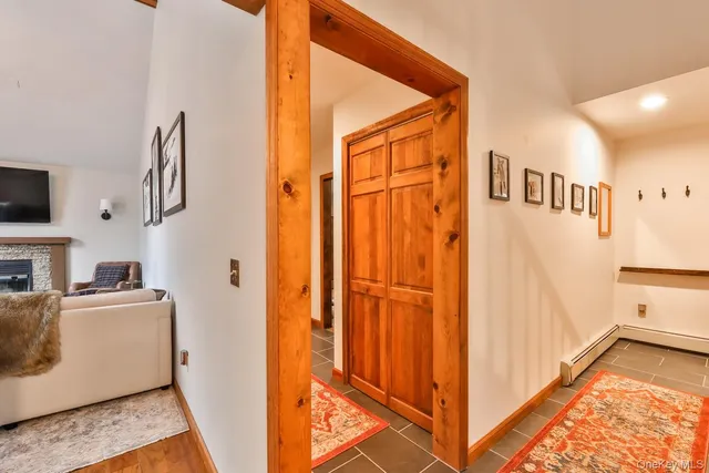 a view of a hallway with painted walls