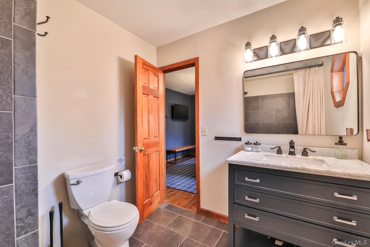 61 Mt View Estates Road Windham, NY 12496 - Photo 26 of 38 a bathroom with a granite countertop toilet sink and mirror