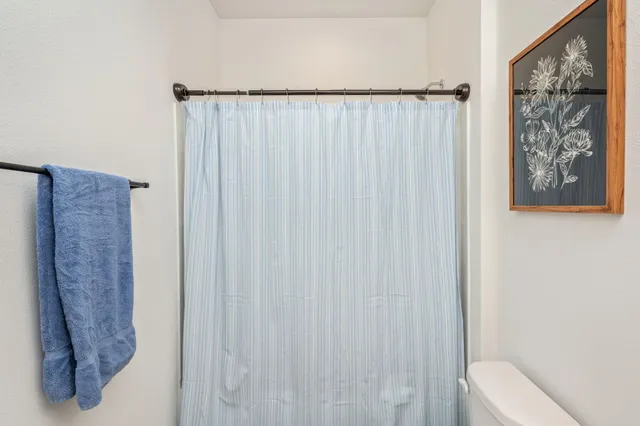 a bathroom with a shower curtain and a toilet