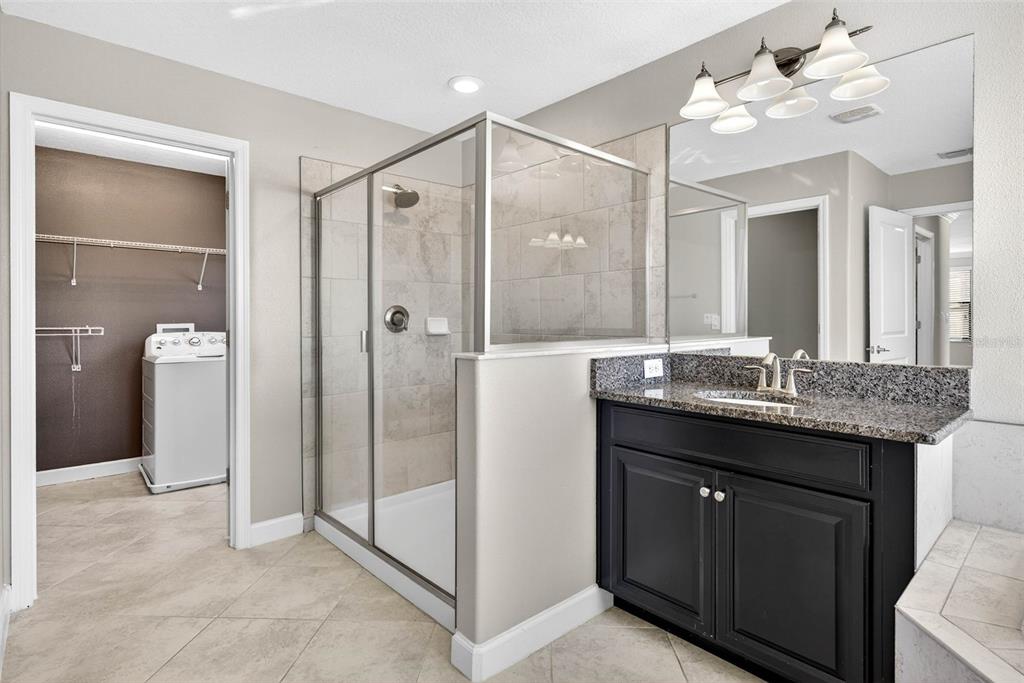 9906 Victory Gallop Loop Ruskin, FL 33573 - Photo 10 of 18 a bathroom with a granite countertop sink a mirror and a shower