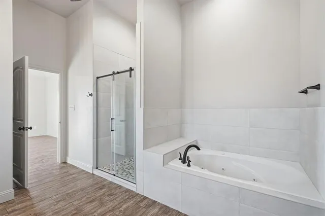 a bathroom with a bathtub