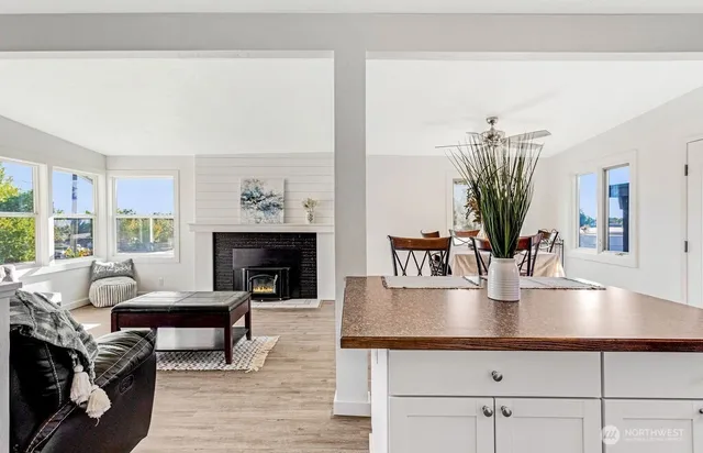 a living room with furniture a fireplace and a potted plant