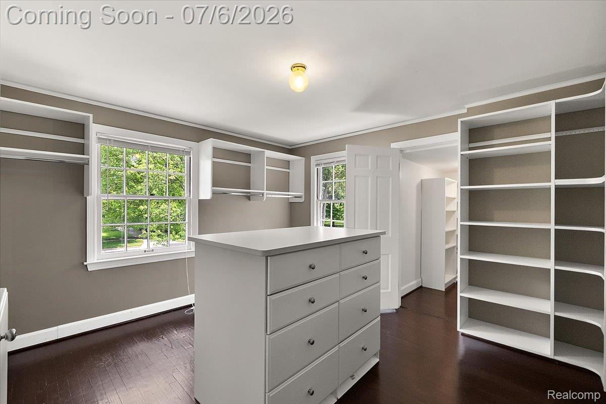 1051 Devonshire Road Grosse Pointe, MI 48230 - Photo 45 of 98 Custom closet featuring dark wood-finish flooring, built-in shelving, an island dresser with chrome hardware, and two windows