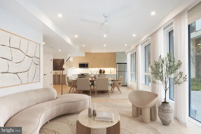 a living room with furniture and a potted plant