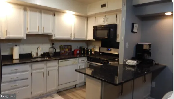 a kitchen with appliances a sink cabinets and a window