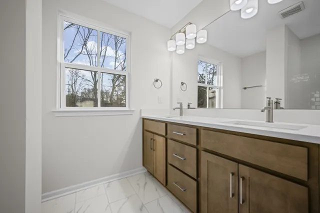 a bathroom with a double vanity sink and a mirror