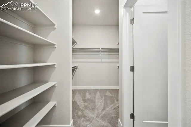 a view of walk in closet with empty racks