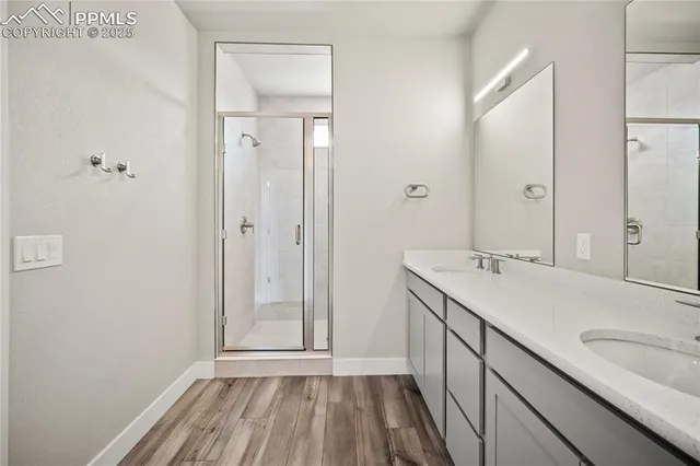 a bathroom with a sink and a mirror with shower