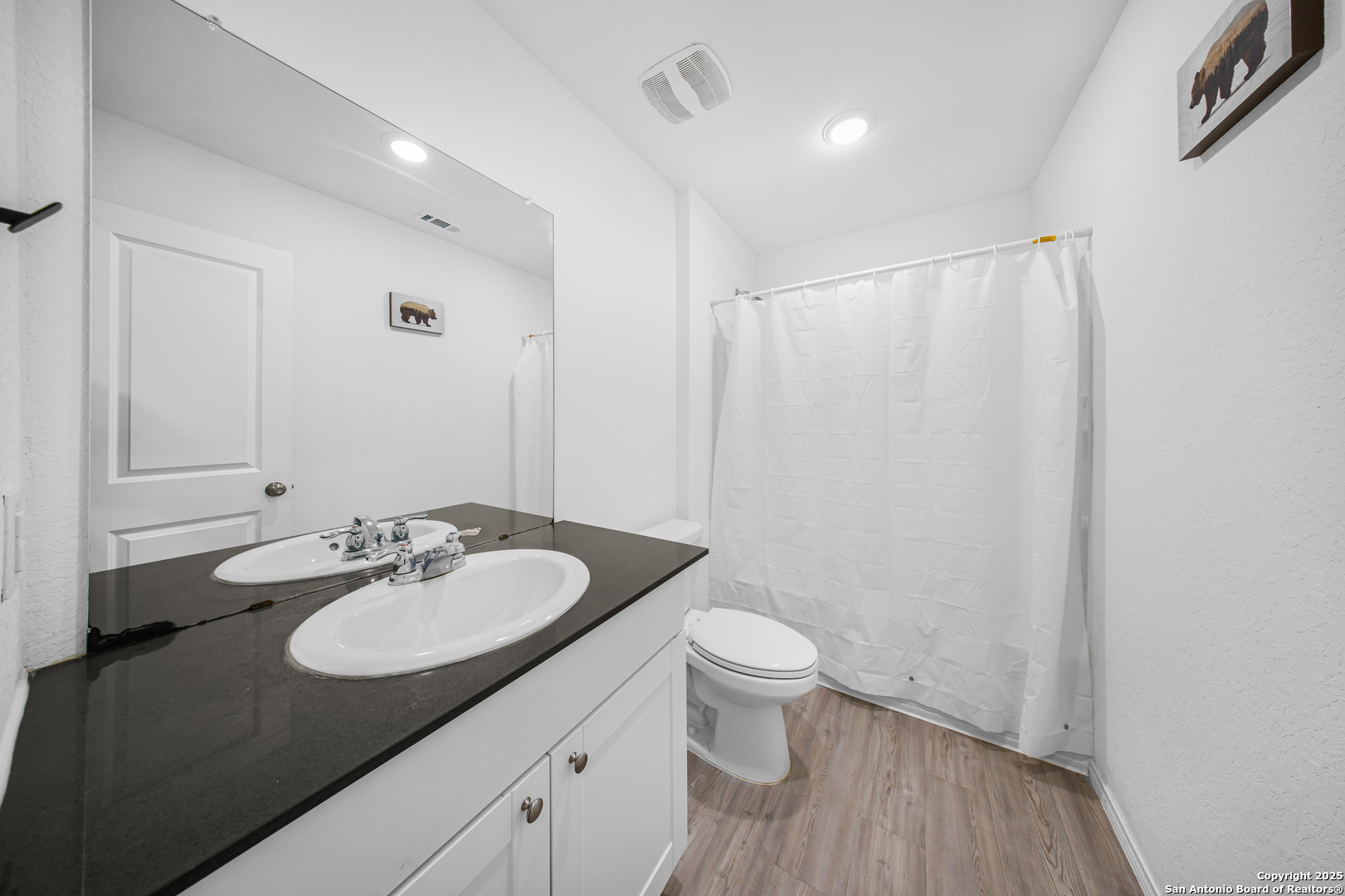 5424 Thyme Corner St. Hedwig, TX 78152 - Photo 16 of 21 a bathroom with a sink a toilet a mirror and vanity