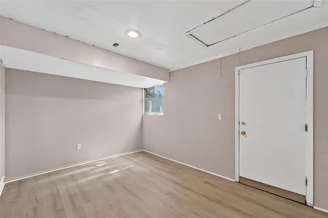 a view of a yard with plants and trees