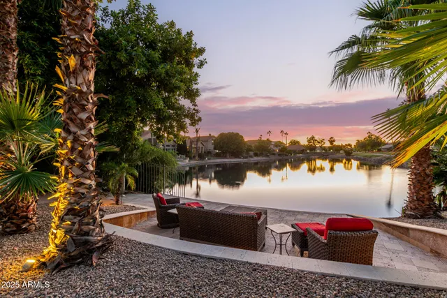 a view of a lake with a terrace