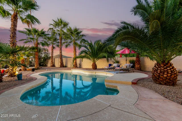 a view of swimming pool with outdoor seating and plants