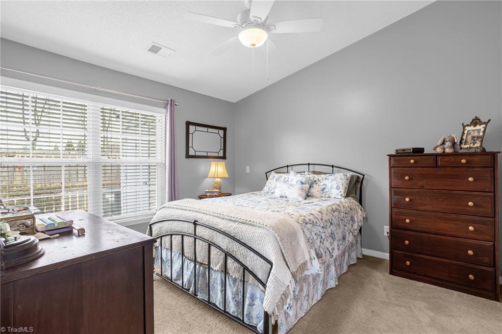 2786 WaterStone Loop High Point, NC 27265 - Photo 16 of 30 Primary Bedroom includes vaulted ceilings, newer carpet & ceiling fan.