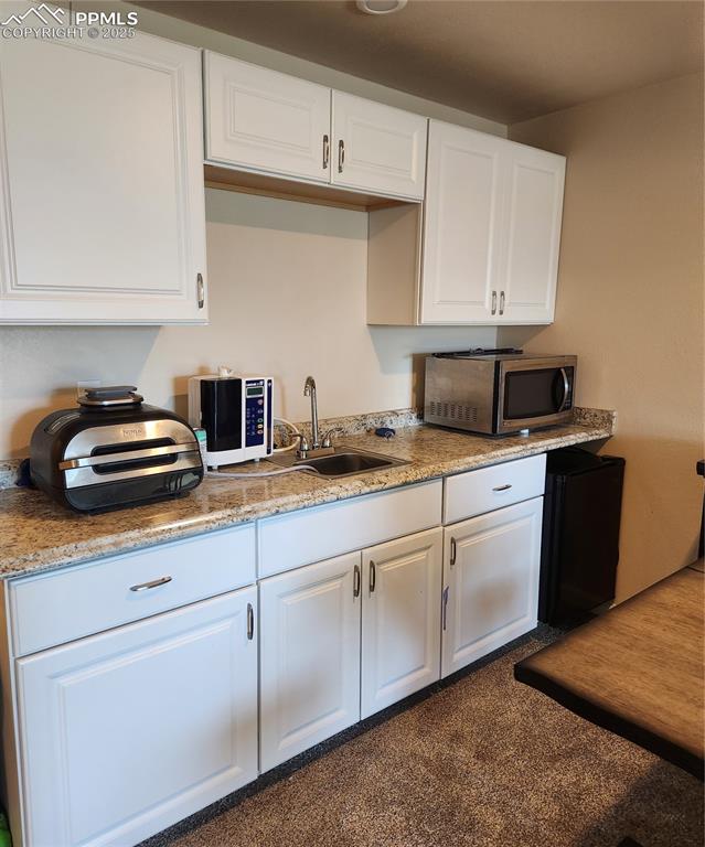 4530 Sierra Rica Road Colorado Springs, CO 80911 - Photo 27 of 44 Wet bar , kitchen with refrigerator in the basement cabinets, light stone counters, refrigerator, and dark carpet