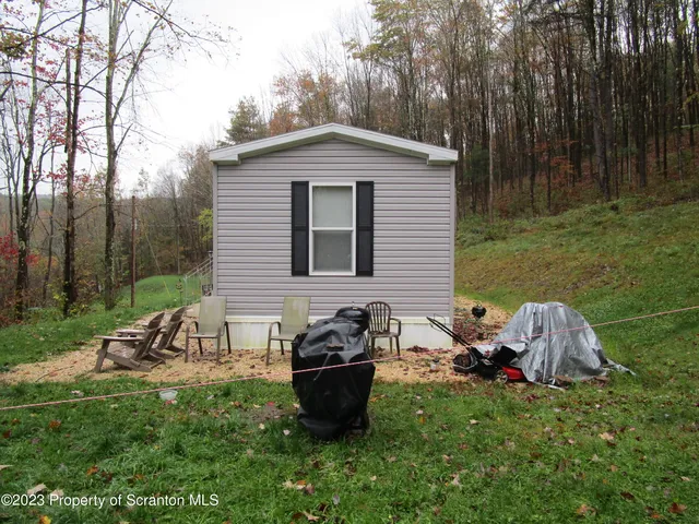 a view of a backyard with table and chairs potted plants and a large tree