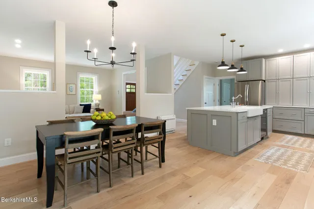 a view of a dining room with furniture