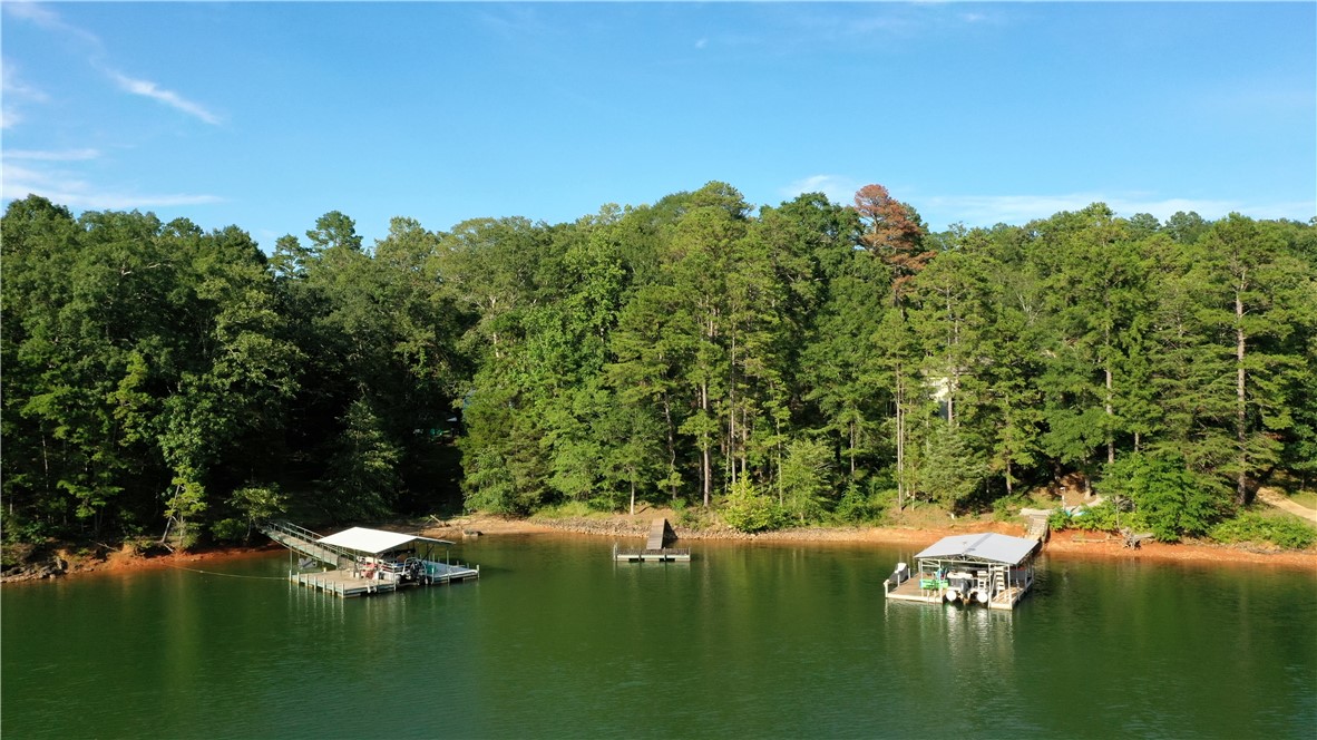 360 Cann Road Anderson, SC 29625 - Photo 2 of 4 A tranquil lakefront property featuring private docks amidst a lush, wooded landscape.