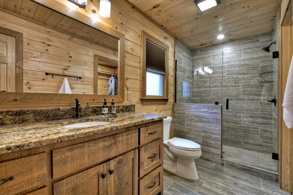 705 George Curtis Road Blue Ridge, GA 30513 - Photo 23 of 49 a bathroom with a granite countertop toilet a sink a mirror and shower